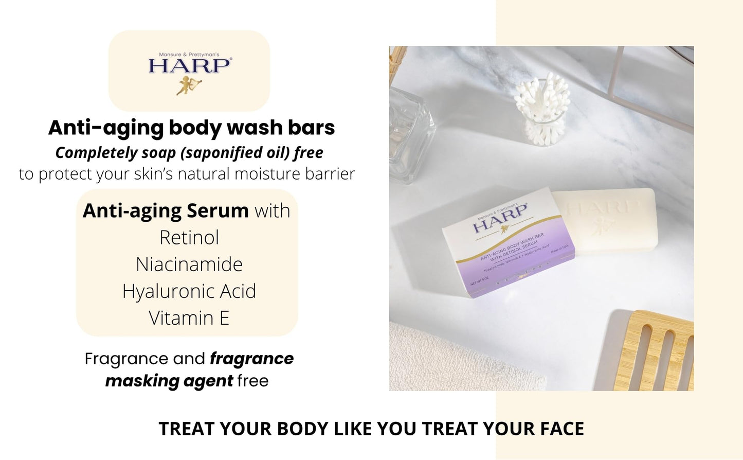 HARP® Anti-Aging Body Wash Bar with Retinol – pH-Balanced Syndet Cleanser, Fragrance-Free, Soap-Free & No Lye, Niacinamide, Hyaluronic Acid & Vitamin E, 5 oz