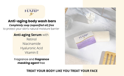 HARP® Anti-Aging Body Wash Bar with Retinol – pH-Balanced Syndet Cleanser, Fragrance-Free, Soap-Free & No Lye, Niacinamide, Hyaluronic Acid & Vitamin E, 5 oz