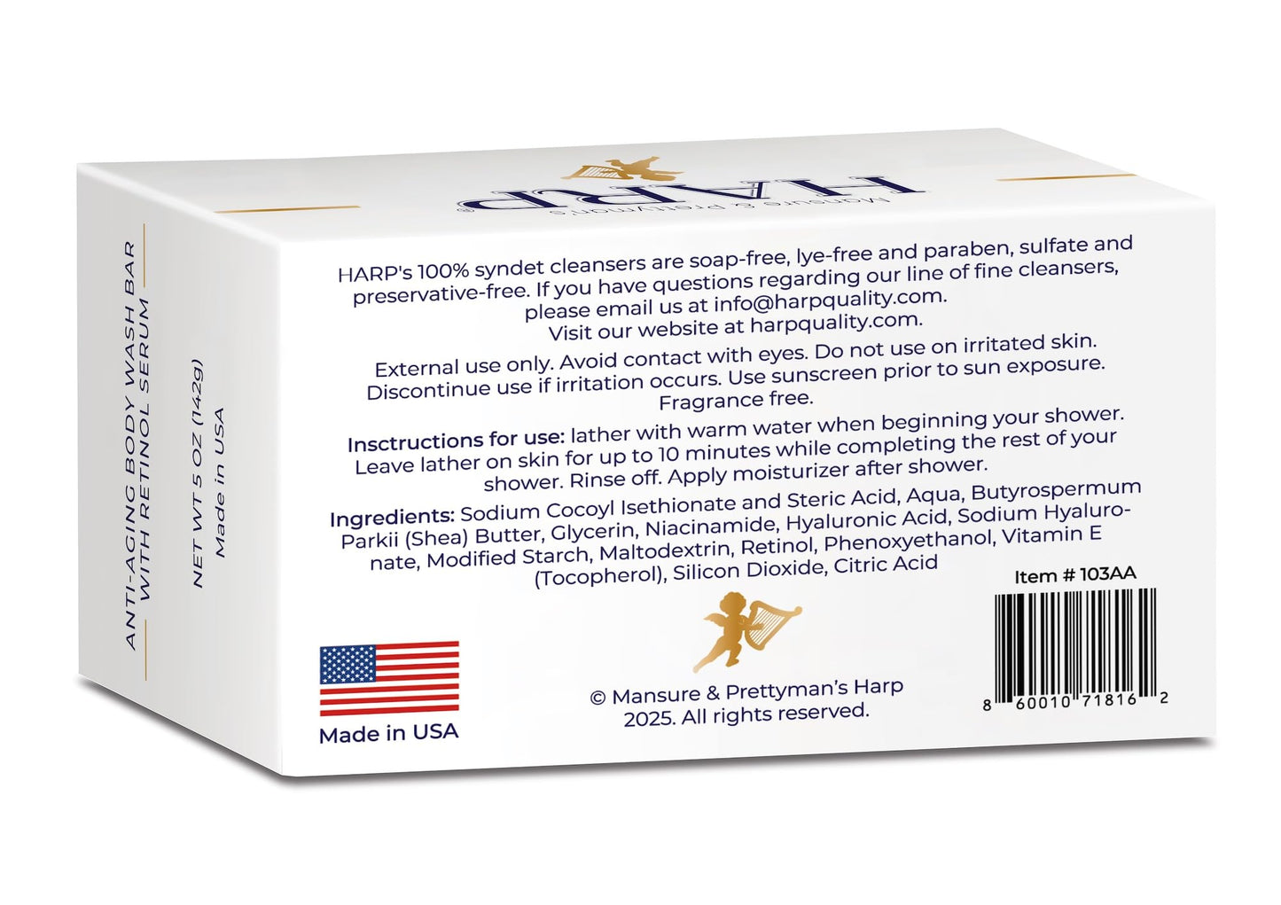 HARP® Anti-Aging Body Wash Bar with Retinol – pH-Balanced Syndet Cleanser, Fragrance-Free, Soap-Free & No Lye, Niacinamide, Hyaluronic Acid & Vitamin E, 5 oz