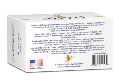 HARP® Anti-Aging Body Wash Bar with Retinol – pH-Balanced Syndet Cleanser, Fragrance-Free, Soap-Free & No Lye, Niacinamide, Hyaluronic Acid & Vitamin E, 5 oz