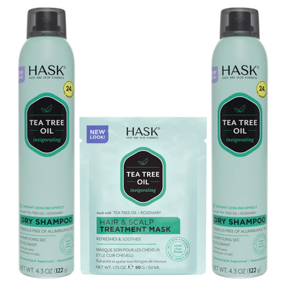 HASK Dry Shampoo Duo (4.3 oz x2) & Argan Oil Deep Conditioner Packette – Tea Tree, Color Safe