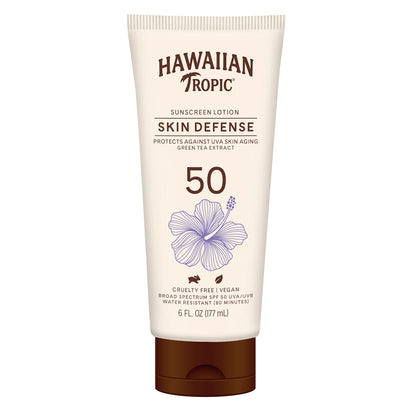 Hawaiian Tropic Skin Defense SPF 50 Sunscreen Lotion – Antioxidant Green Tea, 6 oz