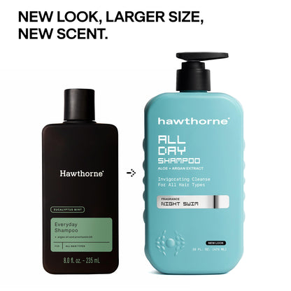 Hawthorne All Day Men's Shampoo — Sulfate Free, Argan & Coconut Oil, Night Swim Scent (16 oz x2)