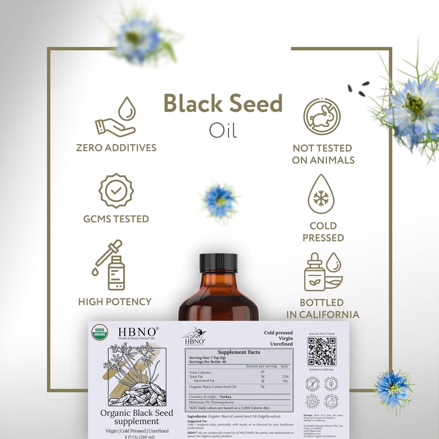 HBNO Organic Black Seed Oil - 8oz Glass Bottle | USDA Certified Organic, Cold-Pressed Nigella Sativa