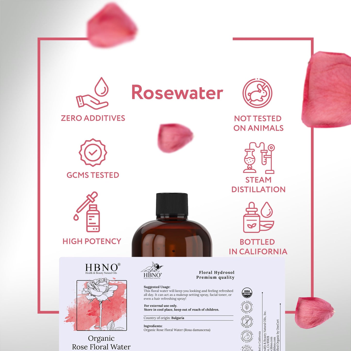 HBNO California Rose Water 16 oz USDA Certified for Face & Hair