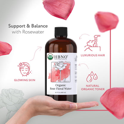 HBNO California Rose Water 16 oz USDA Certified for Face & Hair