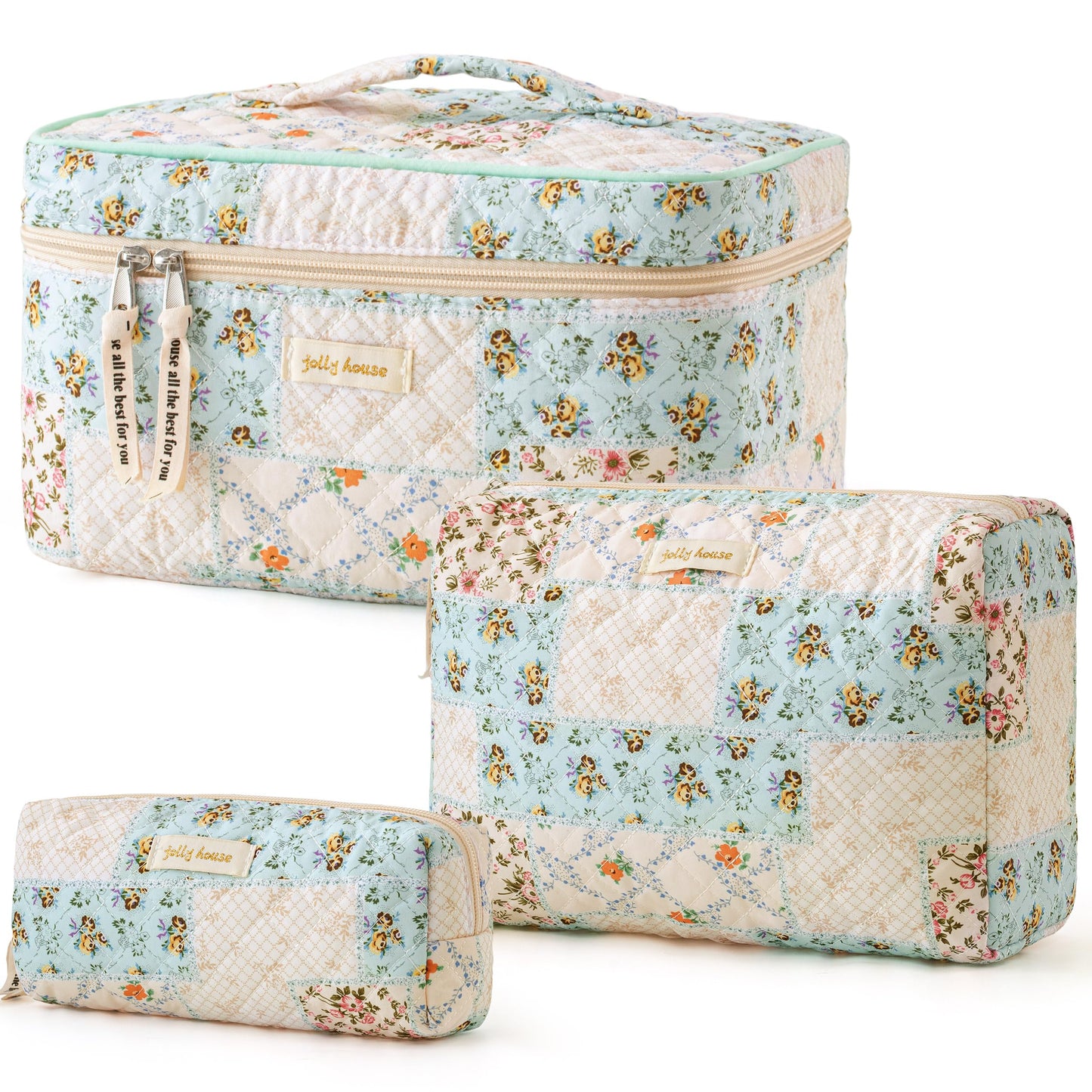 HBselect Quilted Makeup Bag Set – 3PCS Cotton Large Travel Cosmetic Bags with Floral Coquette Design