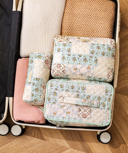 HBselect Quilted Makeup Bag Set – 3PCS Cotton Large Travel Cosmetic Bags with Floral Coquette Design