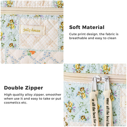 HBselect Quilted Makeup Bag Set – 3PCS Cotton Large Travel Cosmetic Bags with Floral Coquette Design