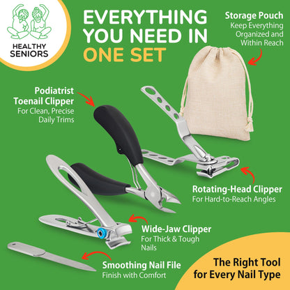 Healthy Seniors Toenail Clippers for Thick Toenails – 4-Piece Heavy Duty Set with Rotating Head
