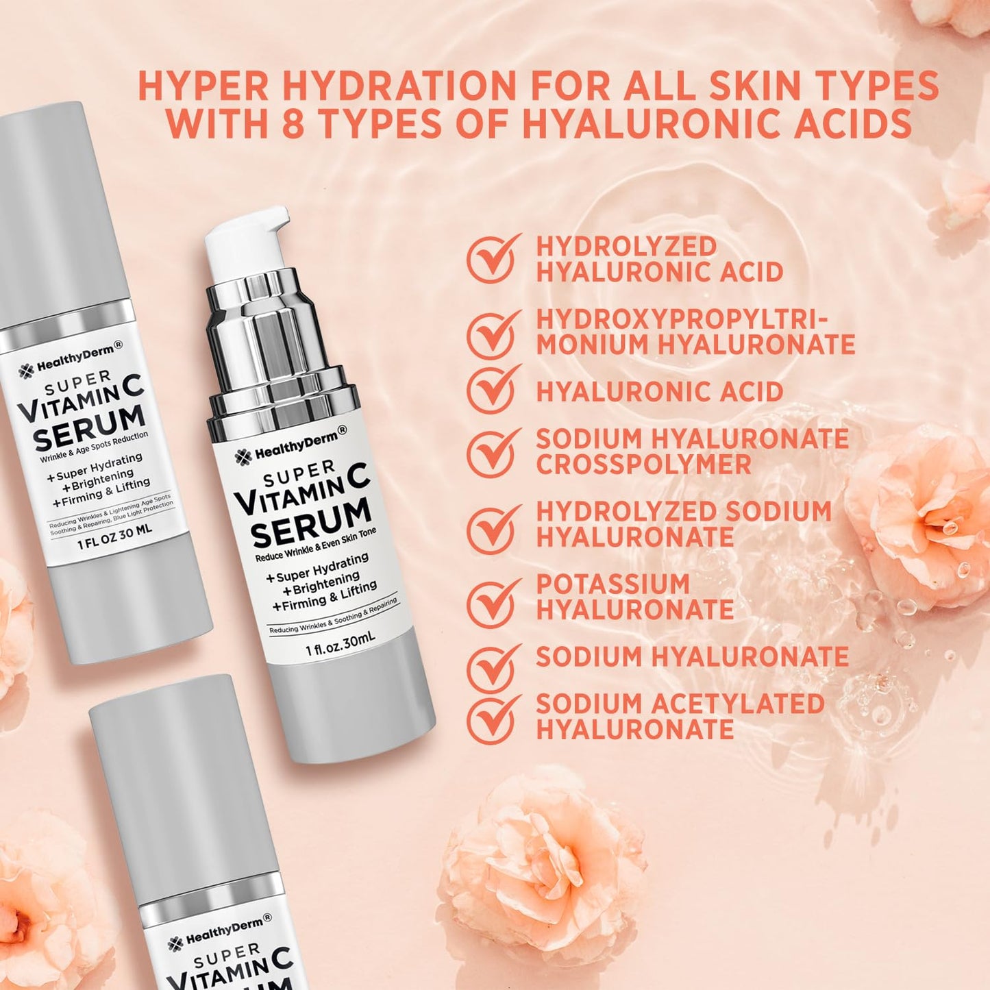 HealthyDerm Super Vitamin C Serum for Women Over 70 – Pack of 3 | Niacinamide, Hyaluronic Acid, Peptides, Bakuchiol, Vitamin E