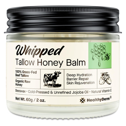 HealthyDerm Beef Tallow Honey Balm – 100% Grass-Fed Whipped Moisturizer (2oz)