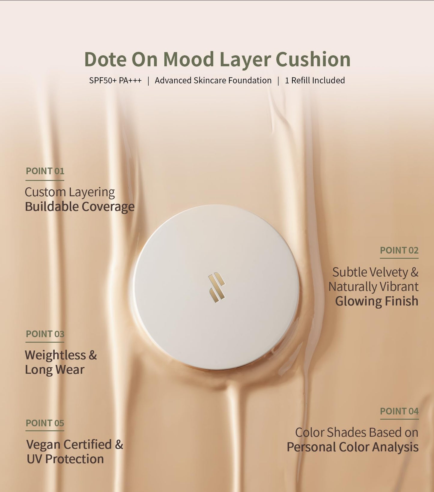 Heart Percent Dote on Mood Layer Cushion SPF 50+/PA+++ with Refill – Satin Glow Full Coverage Foundation (#23N)