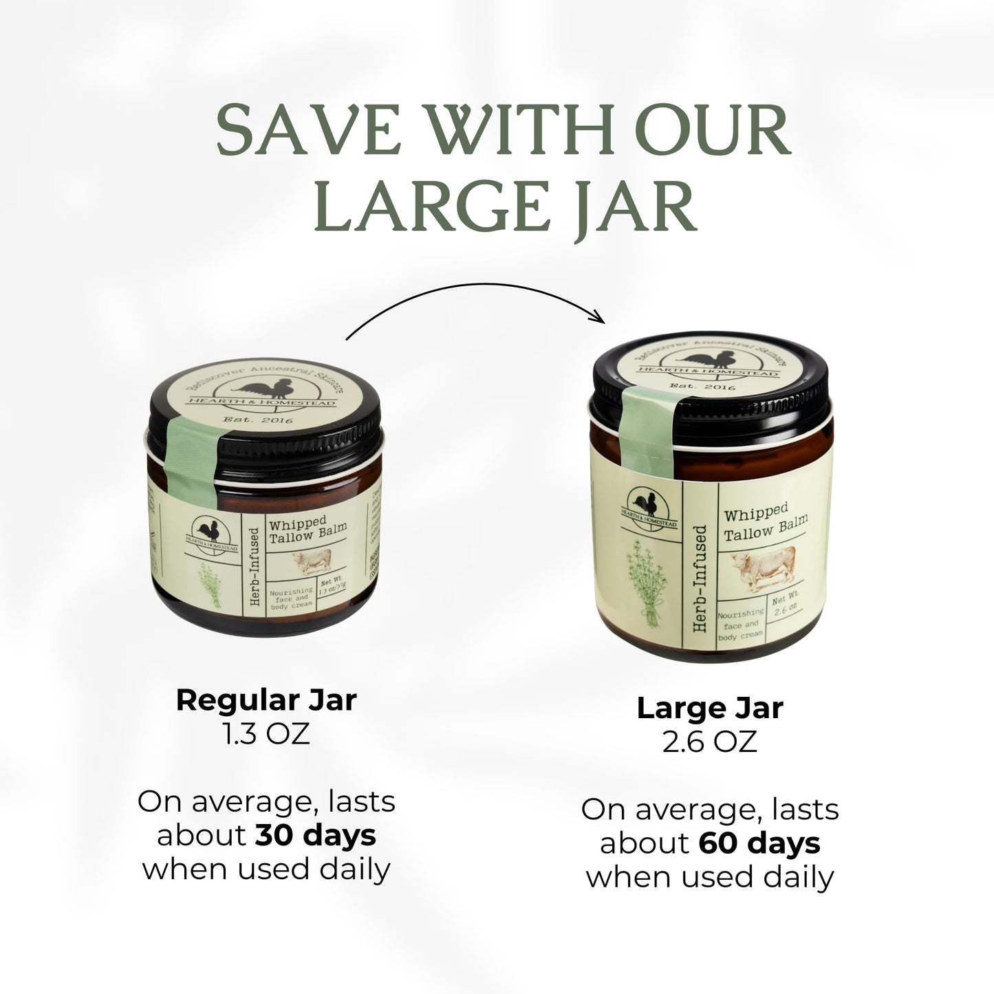 Hearth and Homestead Whipped Tallow Balm – Herb-Infused or Unscented (Large 2.6 oz Jar)