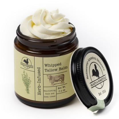 Hearth and Homestead Whipped Tallow Balm – Herb-Infused or Unscented (Large 2.6 oz Jar)