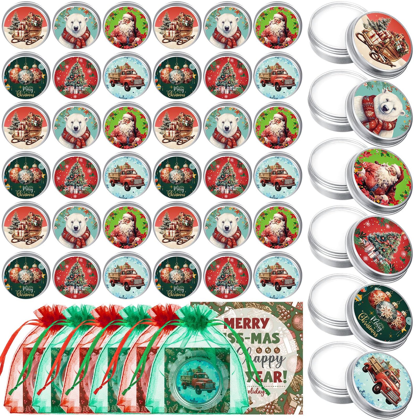 Heigble 36‑Piece Christmas Lip Balm Set – Tin Can Balms with Organza Bags & Cards