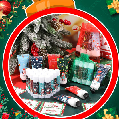 Heigble Christmas Hand Cream Gift Set – 12x Hand Cream, 12x Lip Balm, Gauze Bags & Thank You Cards