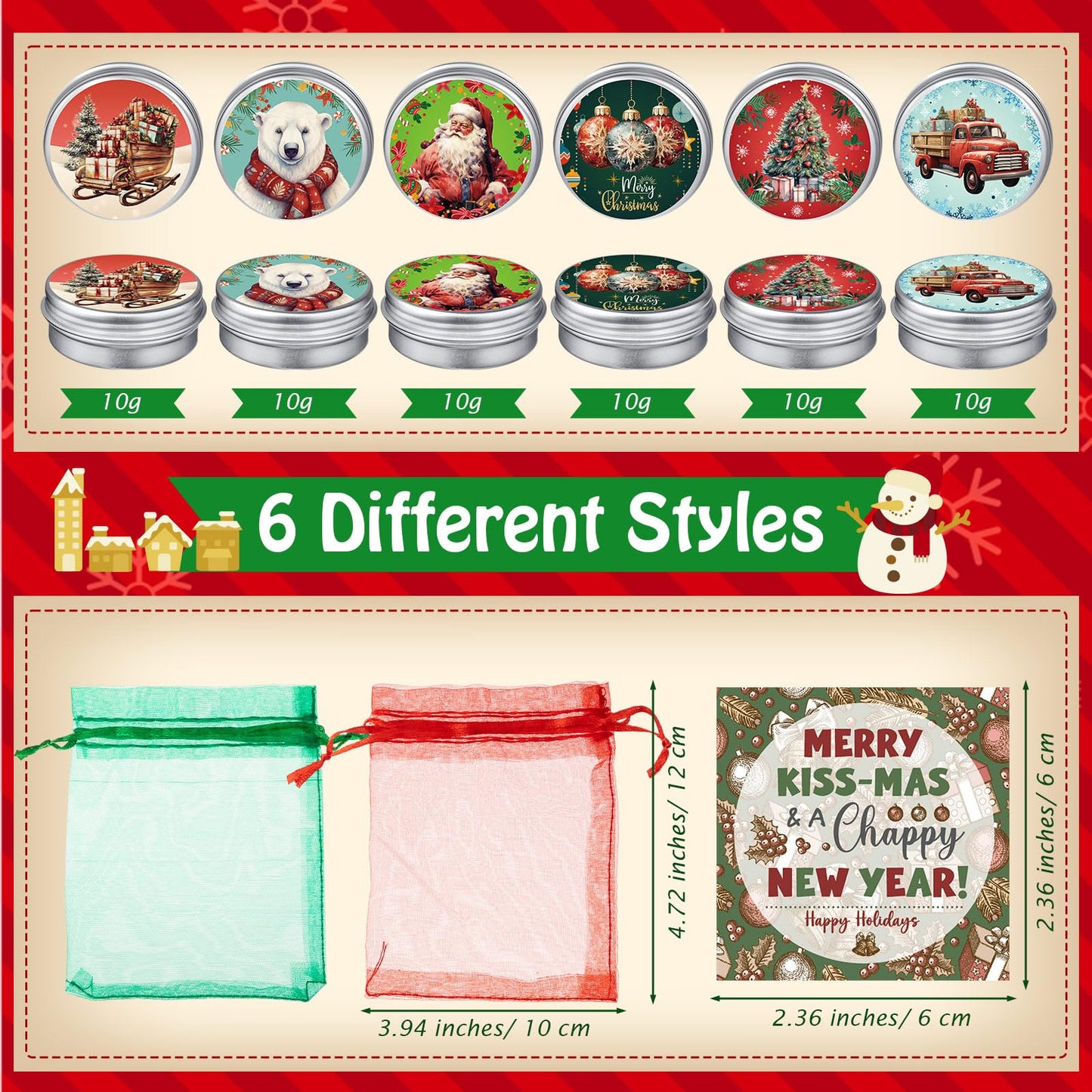 Heigble 36‑Piece Christmas Lip Balm Set – Tin Can Balms with Organza Bags & Cards
