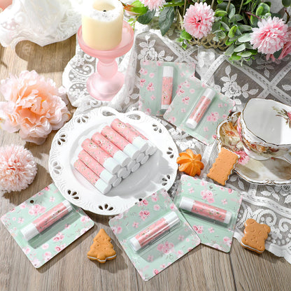 Heigble 24 Pcs Tea Party Lip Balm – Floral Pink Lip Balms for Spring Gifts, Travel Size Moisturizing Lip Care