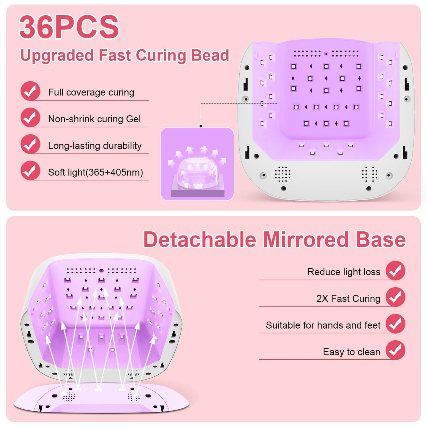 HELIVIVE Cordless UV LED Nail Lamp 80W – 4 Timers, Mirror Base, Pink Ambient Ring