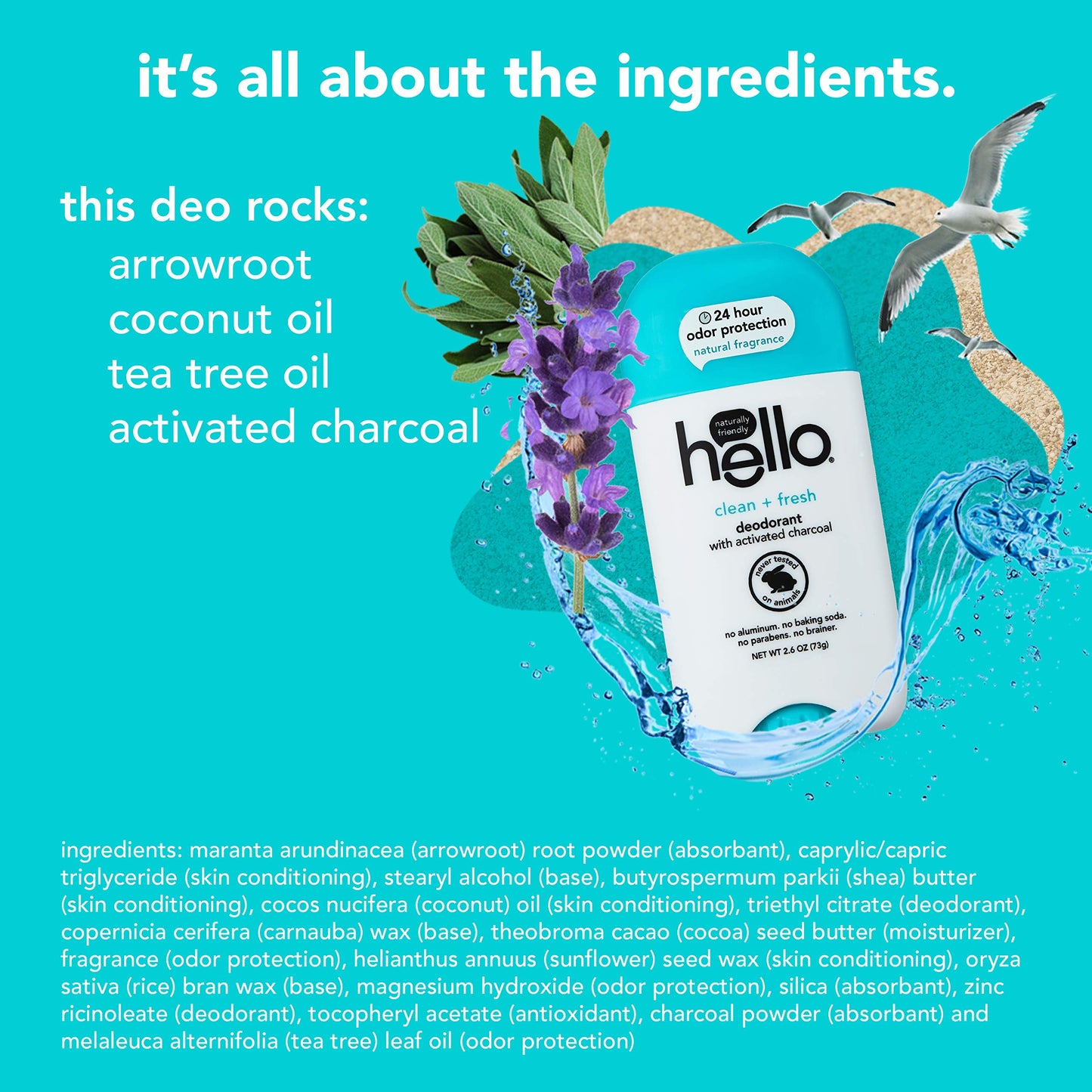 Hello Activated Charcoal Fresh and Clean Deodorant – Aluminum Free, Baking Soda Free, Paraben Free (2.6 oz, Pack of 3)