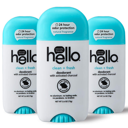 Hello Activated Charcoal Fresh and Clean Deodorant – Aluminum Free, Baking Soda Free, Paraben Free (2.6 oz, Pack of 3)