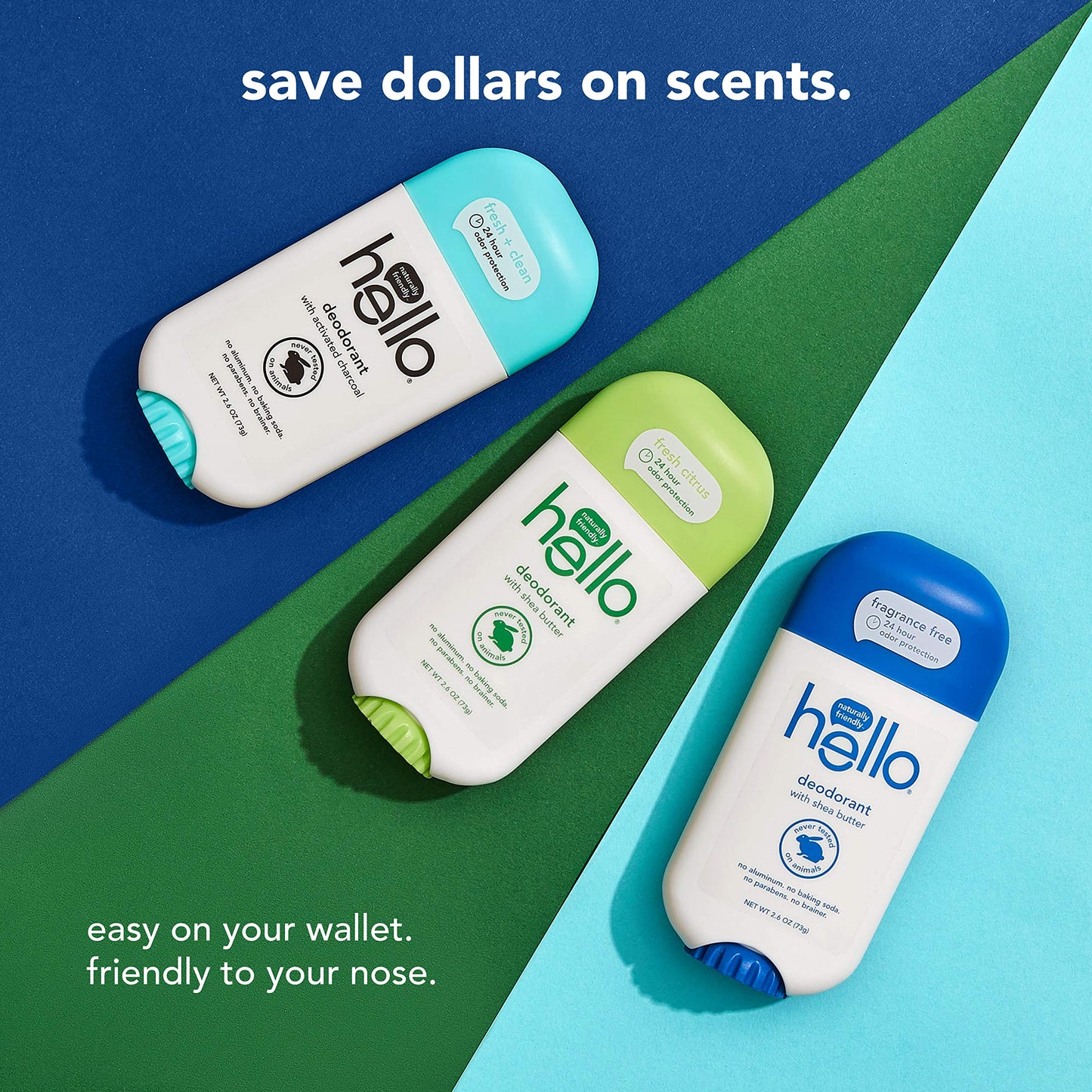 Hello Deodorant Trio with Shea Butter – 24h Odor Protection, Aluminum-Free, 3 x 2.6oz (Sweet Coconut, Fresh Citrus, Clean + Fresh)