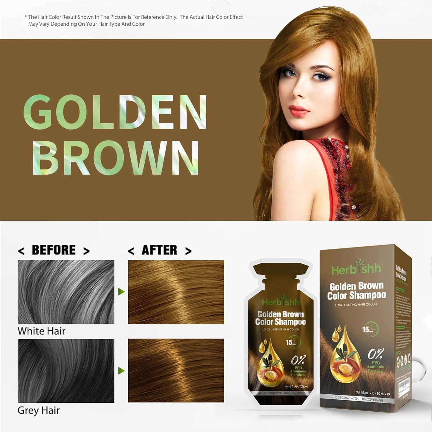 Herbishh Golden Brown Hair Shampoo – 3-in-1 Color & Gray Coverage, PPD-Free, 30ml x10