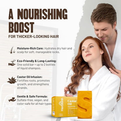 Herbishh Castor Oil Shampoo Bar – Nourishing Solid Shampoo for Hair Growth & Thinning Hair | Pack of 3
