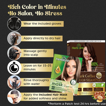 Herbishh Hair Color Shampoo for Gray Coverage - Dark Coffee (30mL x 10) + Argan Oil Mask | Travel Size