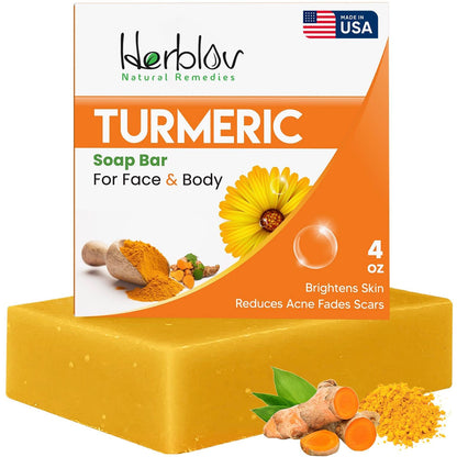 Herblov Turmeric Soap Bar for Face & Body – Natural Brightening Soap, USA Made 4oz