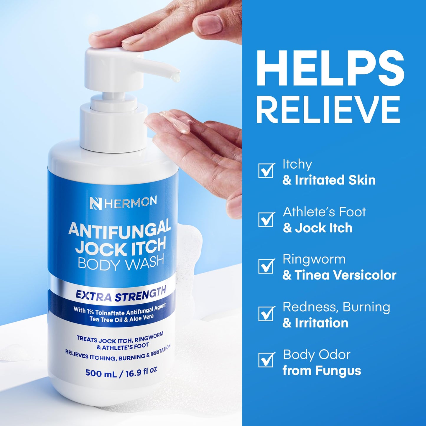 Hermon Antifungal Body Wash – Tea Tree Oil + Tolnaftate 1% for Jock Itch, Ringworm, Athlete's Foot