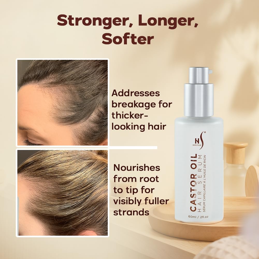 HerStyler Castor Oil Hair Serum for Hair Growth | Vitamin E Shine & Heat Protectant | 2 fl oz