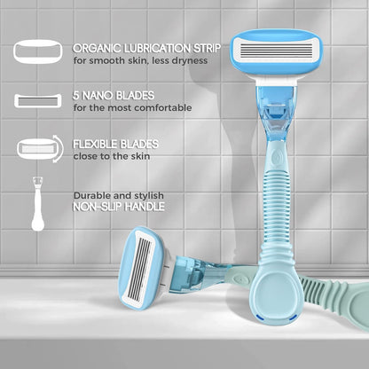 HEYAXA Women Razor – 5 Nano Blades, 4 Refills, Non-Slip Handle, Sky Blue