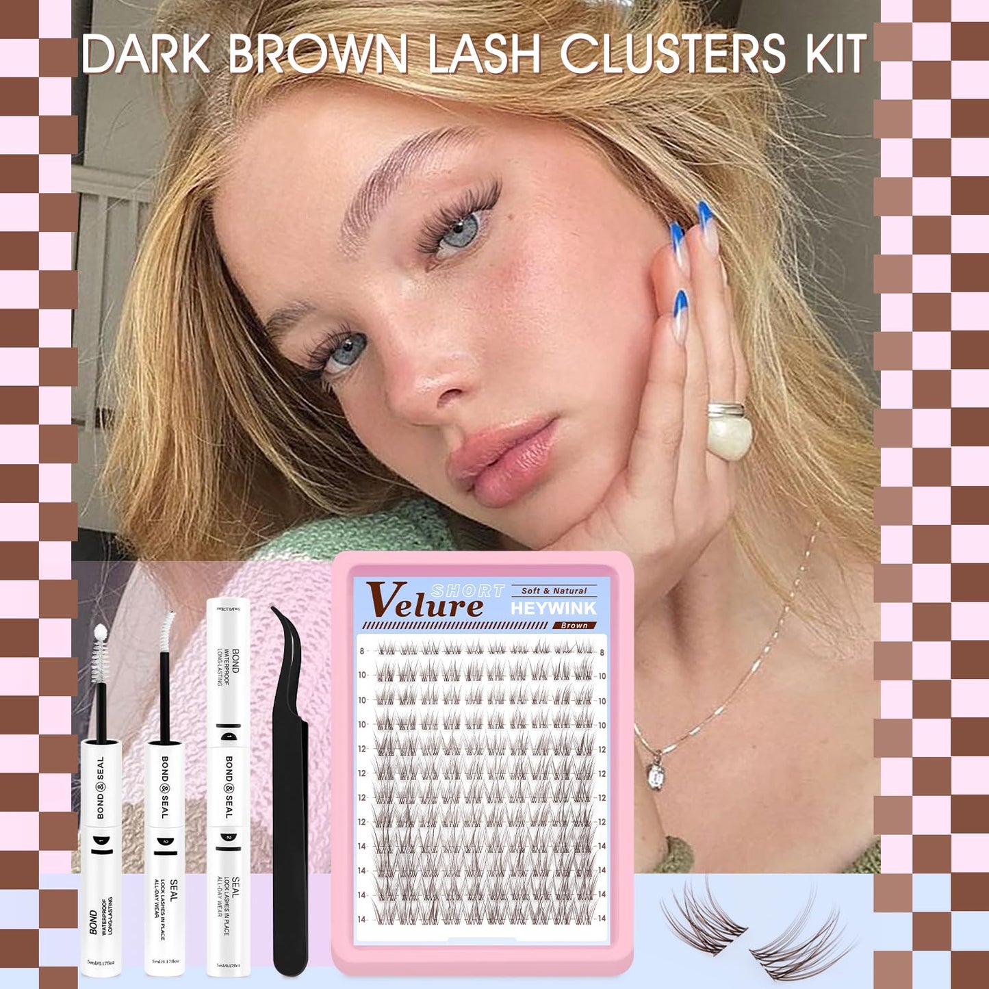 HEYWINK Velure Brown Lash Clusters Kit – D Curl 8-14mm for Natural At-Home Lash Extensions