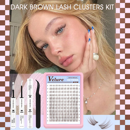 HEYWINK Velure Brown Lash Clusters Kit – D Curl 8-14mm for Natural At-Home Lash Extensions