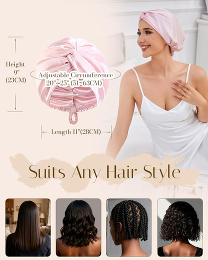 HFRHTGY Adjustable Silk Satin Hair Bonnet for Sleeping — Double-Layer Night Turban, Pink