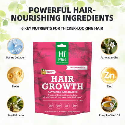HiPlus Hair Growth Gummies for Men & Women – Pineapple Flavor, 90 Gummies, 45 Day Supply