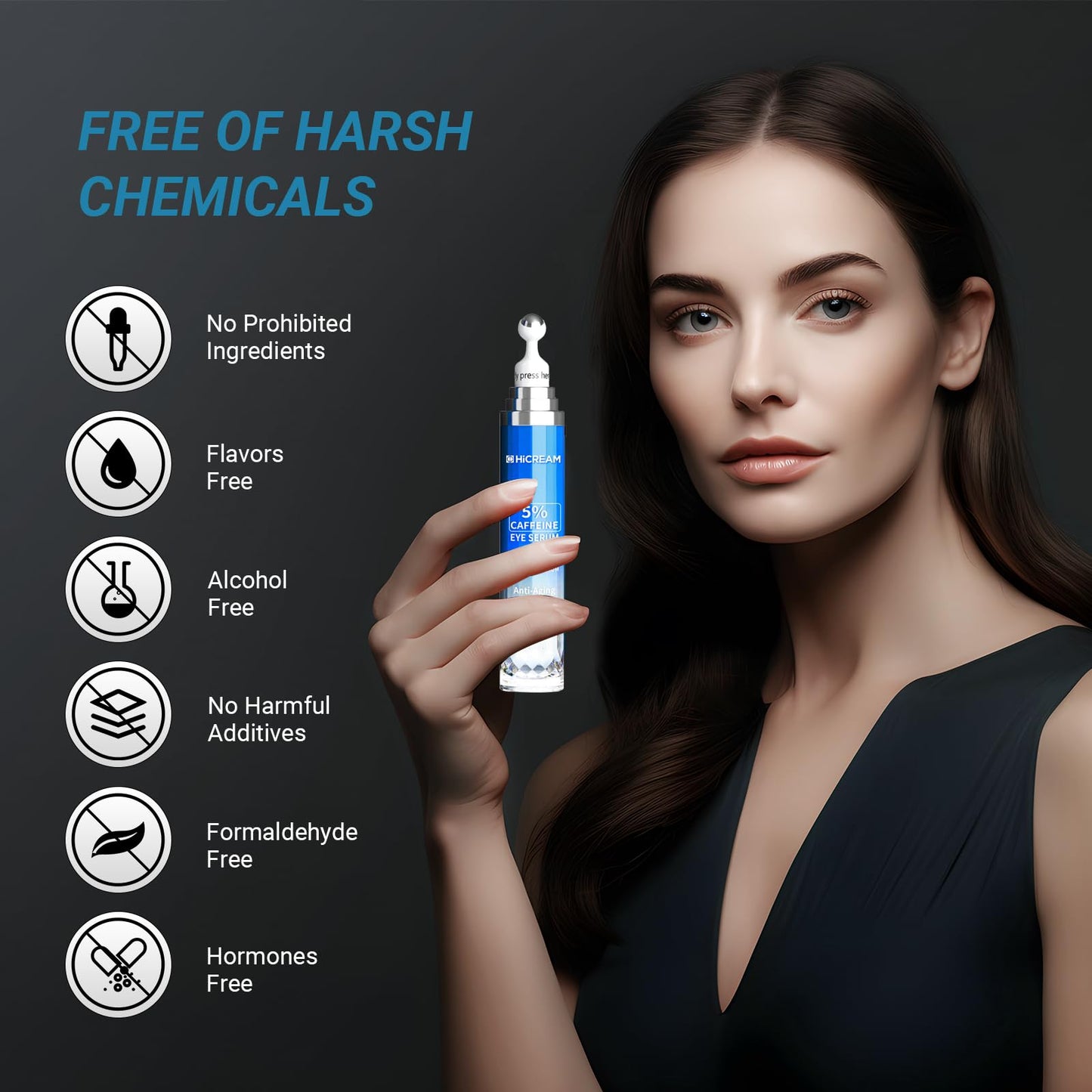 Hicream Eye Cream with 5% Caffeine & Hyaluronic Acid | 360° Roller Eye Serum for Puffy Eyes, Dark Circles & Fine Lines