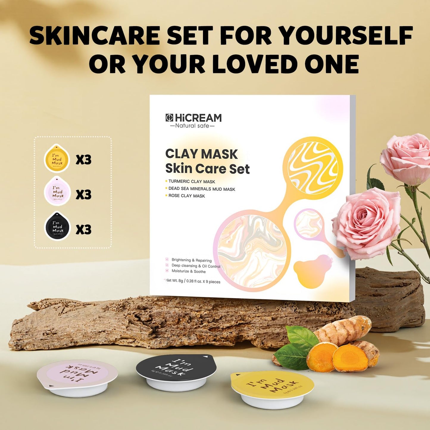 Hicream 9-Pack Clay Mask Set – Turmeric, Rose & Dead Sea Minerals – Travel-Friendly Skincare Gift