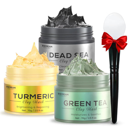 Hicream Turmeric Clay Mask Set – Green Tea & Dead Sea Minerals, 3-Piece Spa Facial Mask Kit