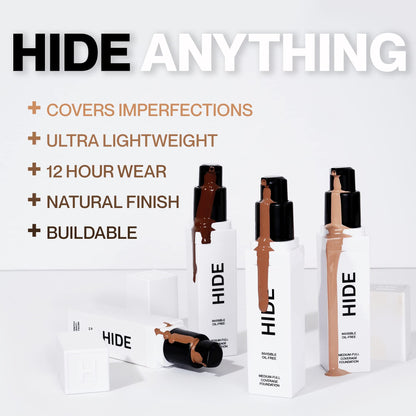 HIDE PREMIUM Liquid Foundation – Waterproof, Multi-Use Coverage for All Skin Types, Porcelain 1 oz