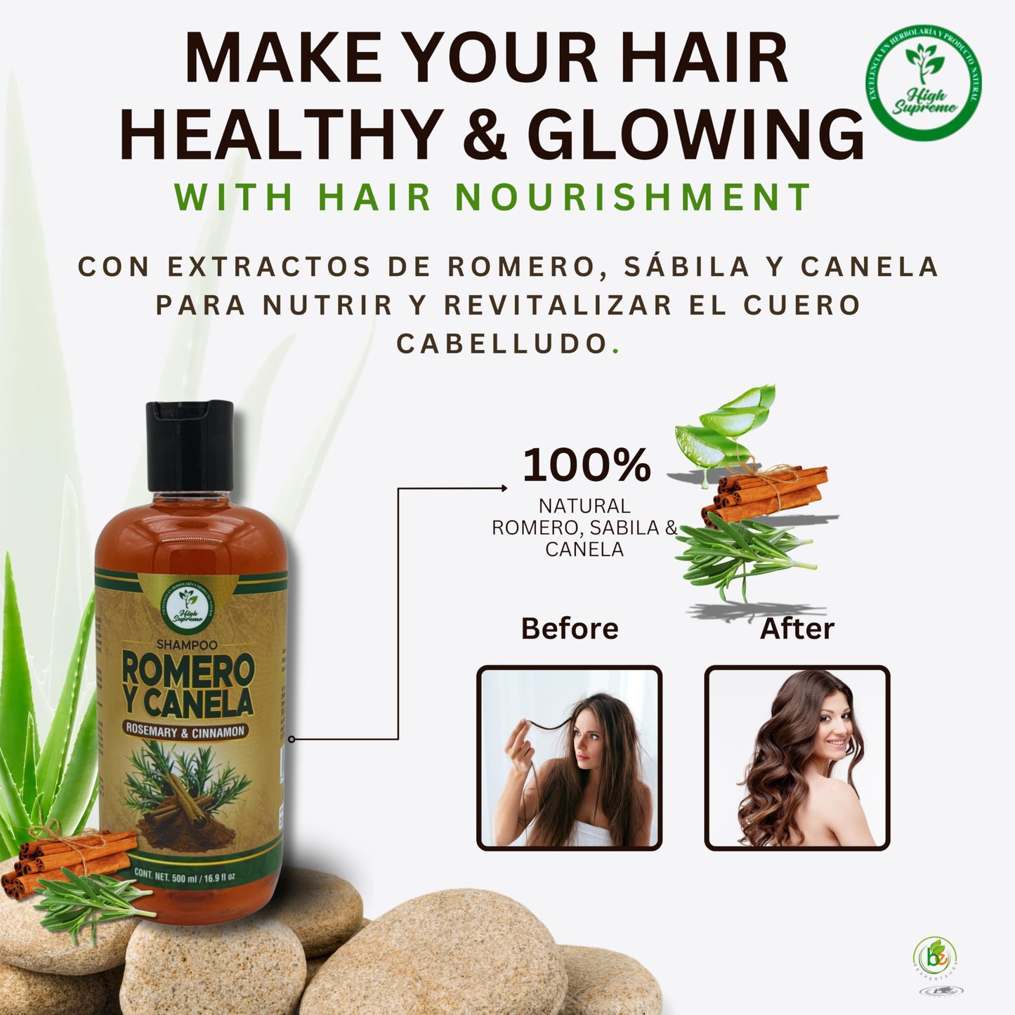 HIGH SUPREME Rosemary, Aloe Vera & Cinnamon Shampoo + Bergamot Conditioner – 2 Pack (16.9 fl oz each) – Premium Nourishing Hair Care Set