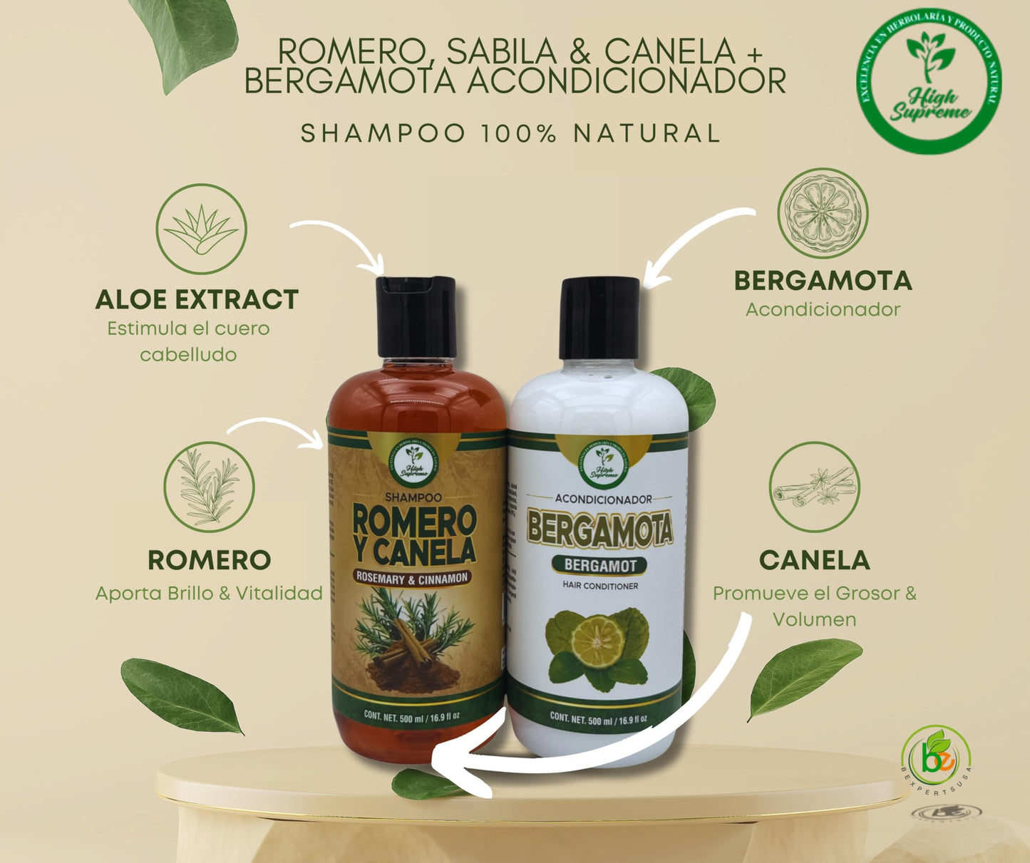 HIGH SUPREME Rosemary, Aloe Vera & Cinnamon Shampoo + Bergamot Conditioner – 2 Pack (16.9 fl oz each) – Premium Nourishing Hair Care Set