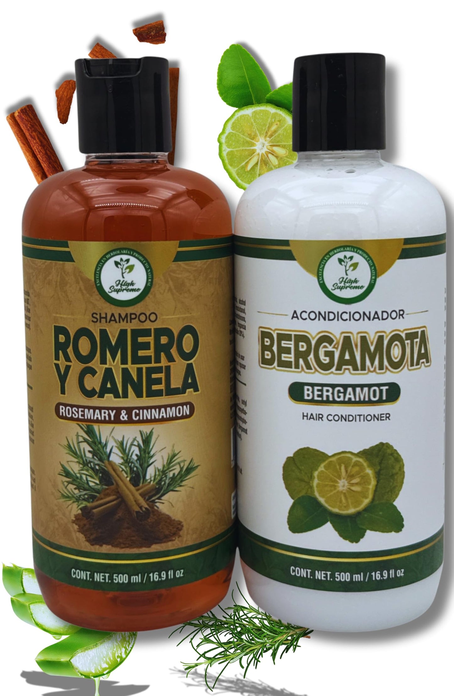 HIGH SUPREME Rosemary, Aloe Vera & Cinnamon Shampoo + Bergamot Conditioner – 2 Pack (16.9 fl oz each) – Premium Nourishing Hair Care Set