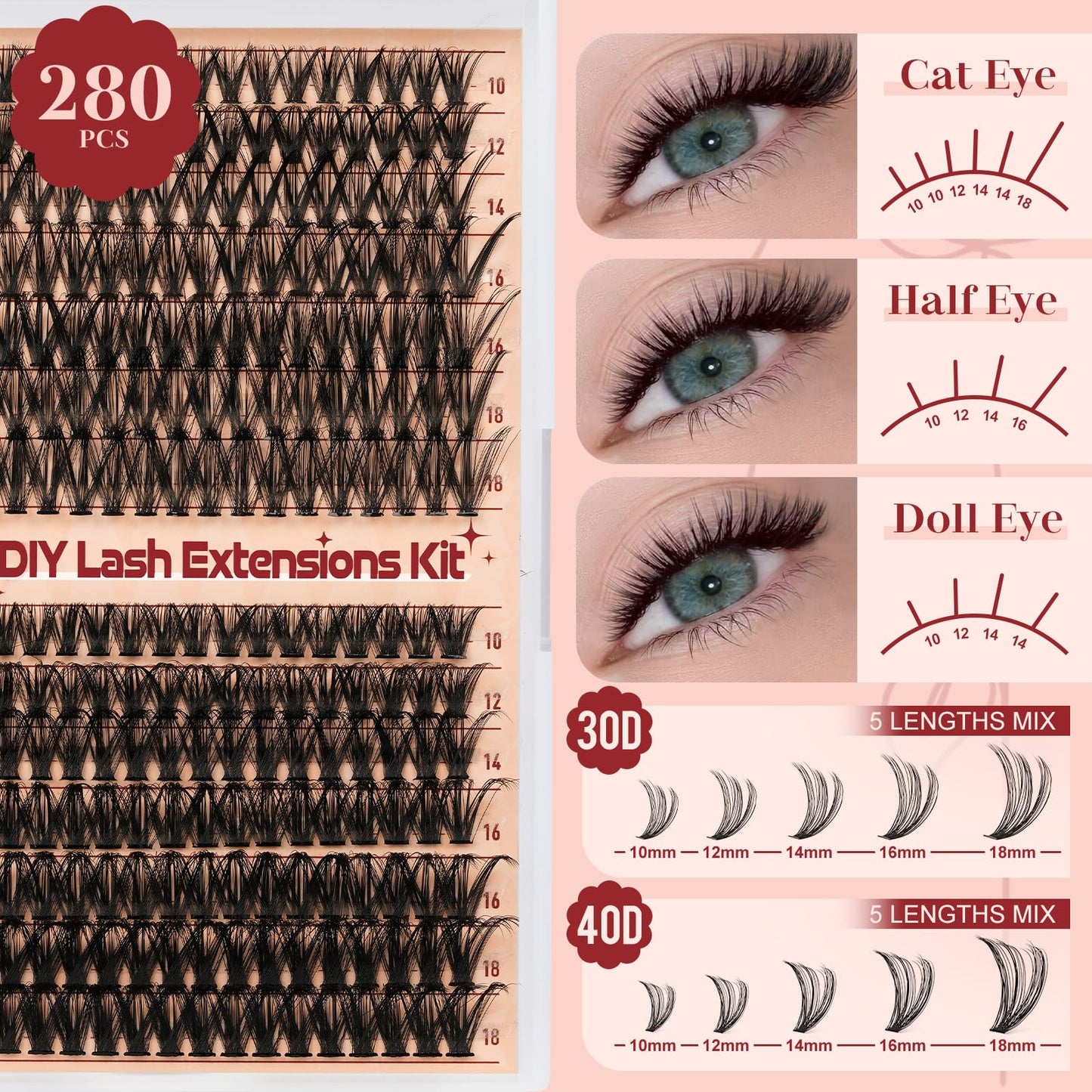 Higu clace Lash Clusters Kit DIY 280pcs — Natural 10-18mm 30D/40D Wispy Lashes with Bond & Seal