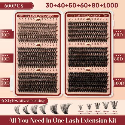 Higu clace Lash Clusters – 600Pcs, 6 Styles, 10-18mm, 30D–100D Wispy DIY Extensions
