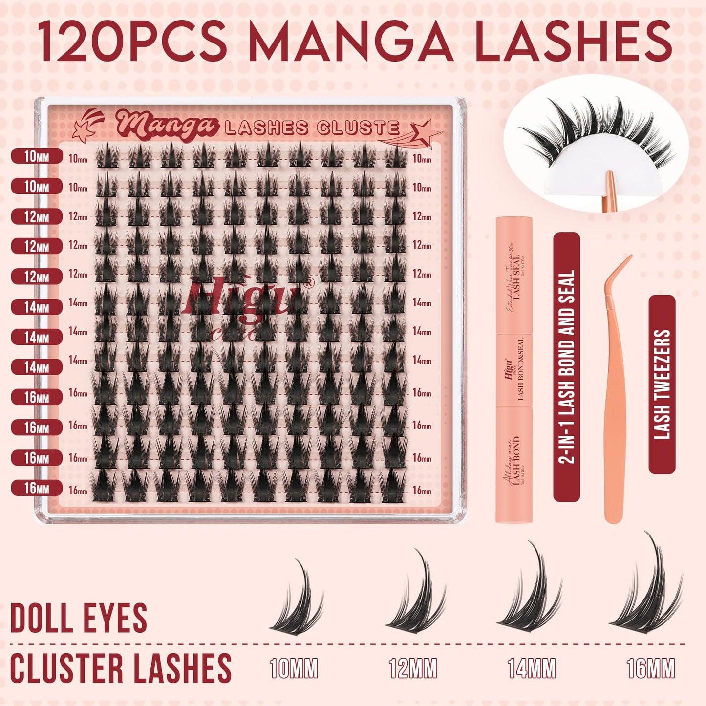 Higu clace Manga-Lash-Clusters Kit 120Pcs 10-16mm with Spikes – Anime Style DIY Eyelash Extensions with Bond, Seal & Tweezers