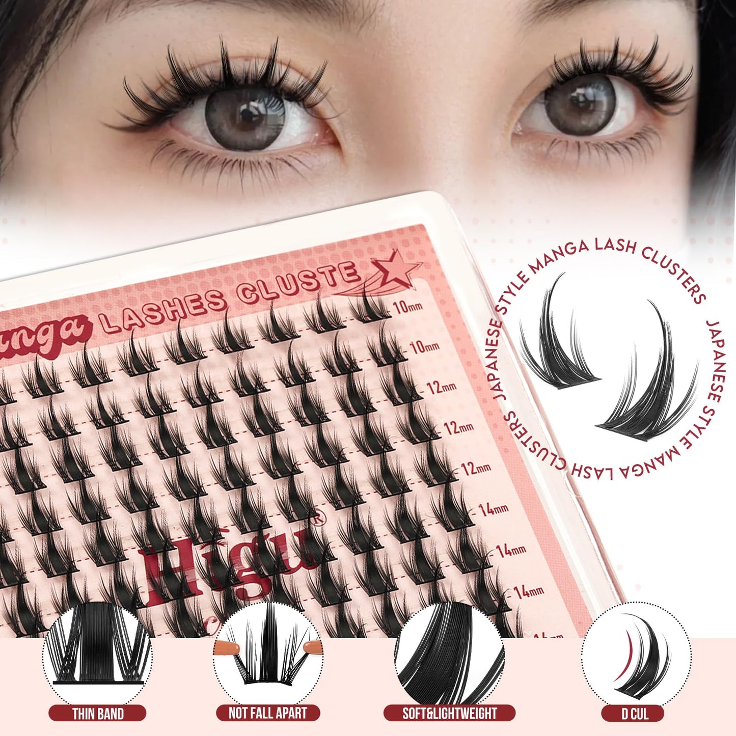Higu clace Manga-Lash-Clusters Kit 120Pcs 10-16mm with Spikes – Anime Style DIY Eyelash Extensions with Bond, Seal & Tweezers