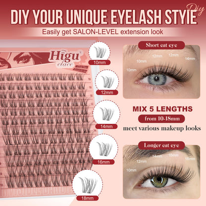 Higu clace Wispy Lash Clusters Kit – 120 Pcs Natural Lashes, Bond & Seal, Clear Band